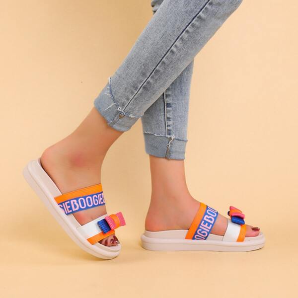 

Bow Decor Letter Graphic Slide Sandals, Orange