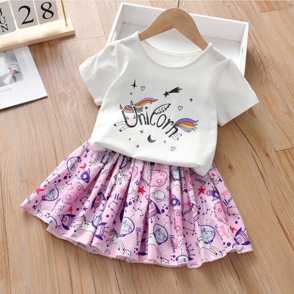 

Toddler Girls Unicorn And Letter Graphic Tee & Skirt, Multicolor
