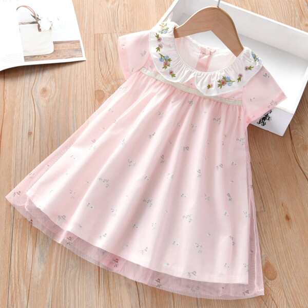 

Toddler Girls Floral Embroidery Mesh Overlay Dress, Baby pink