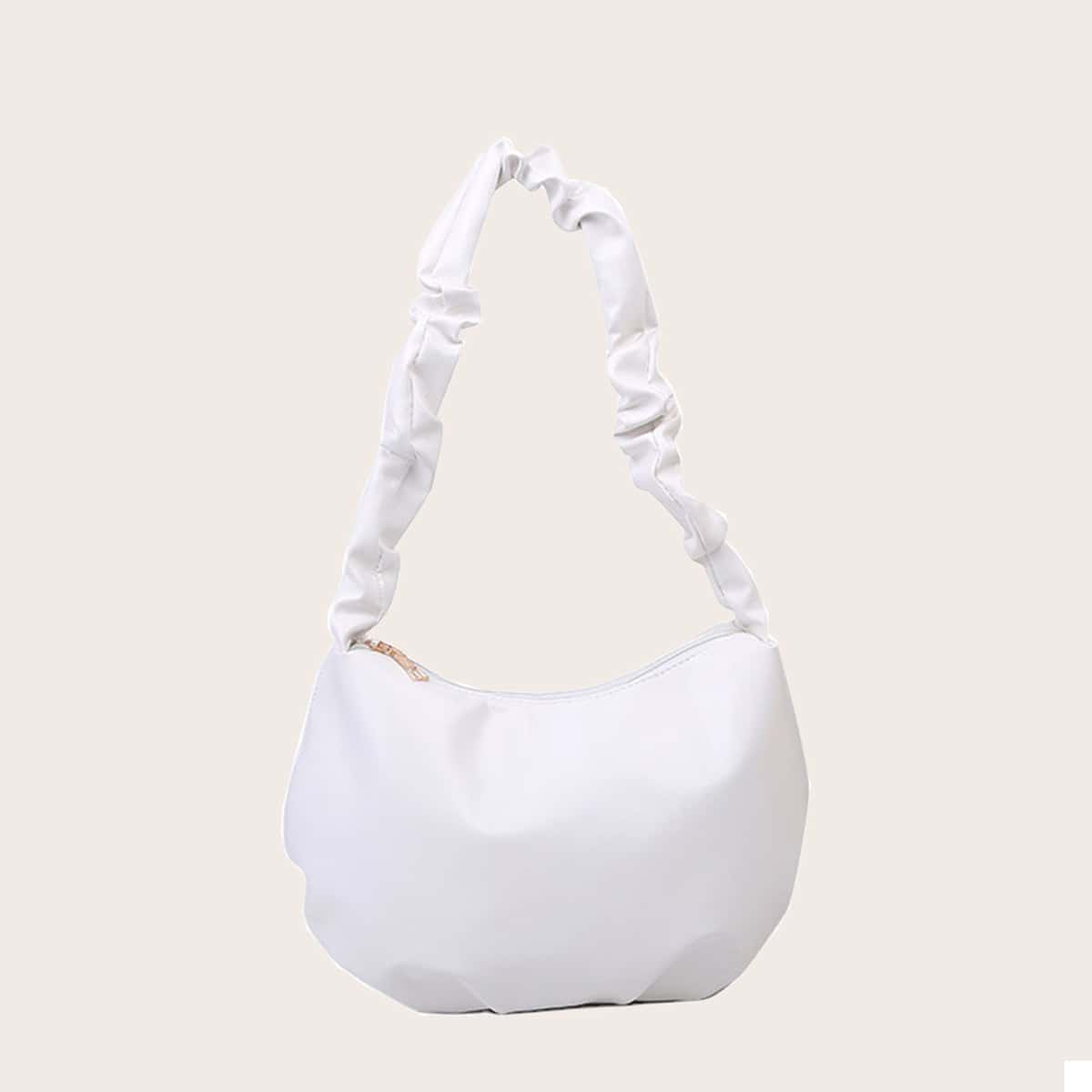 

Solid Ruched Strap Baguette Bag, White