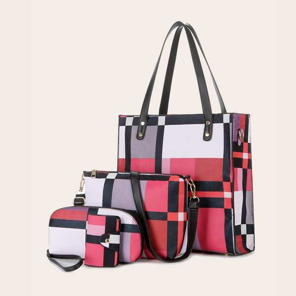 

4pcs Color Block Tote Bag Set, Hot pink