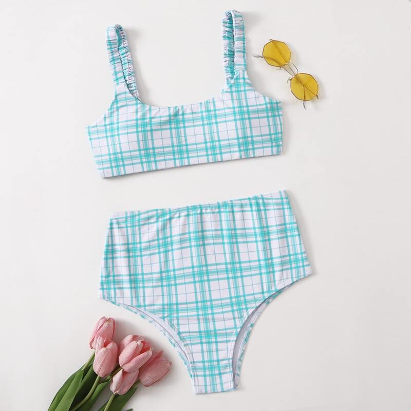 

Plaid High Waist Bikini Swimsuit, Blue and white
