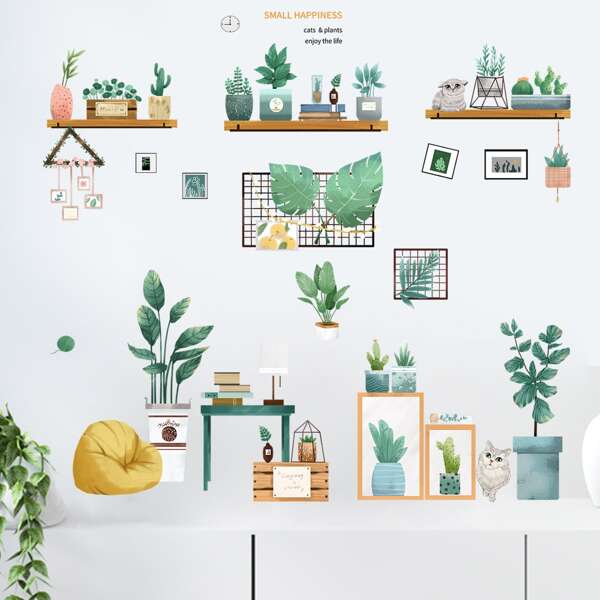 

Plants & Cat Print Wall Sticker, Multicolor