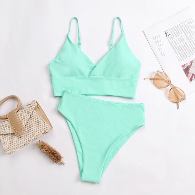 

Solid High Waisted Bikini Swimsuit, Mint green