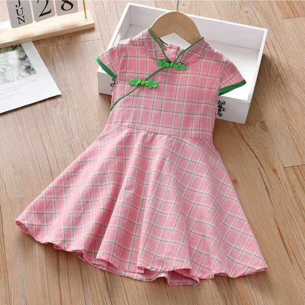

Toddler Girls Plaid Chinese Frog Button Dress, Pink