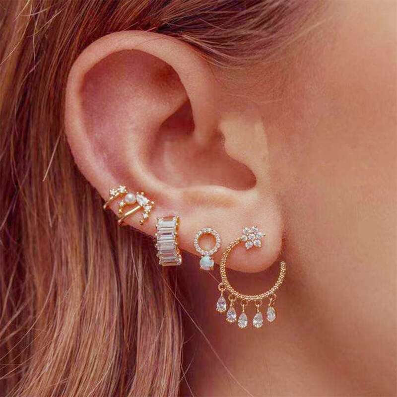 

5pcs Rhinestone Tassel Earrings Set, Gold