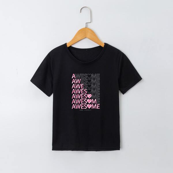 

Girls Letter And Heart Print Tee, Black