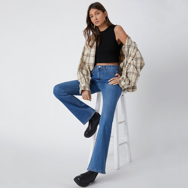 

High-Waist Denim Flare Jeans, Medium wash