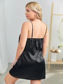 Plus Lace Panel Split Satin Cami Night Dress - Black - View 2