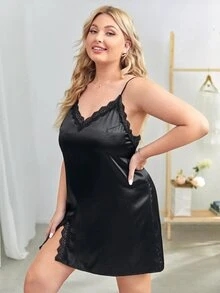 Plus Lace Panel Split Satin Cami Night Dress - Black - View 4