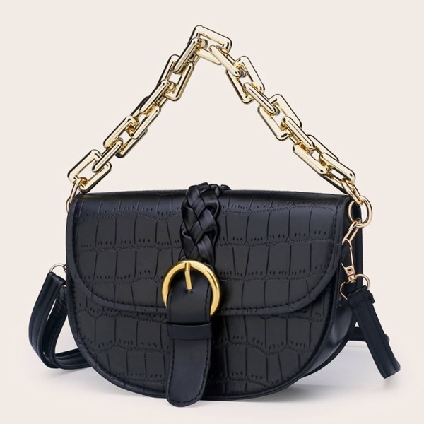 

Croc Embossed Chain Satchel Bag, Black