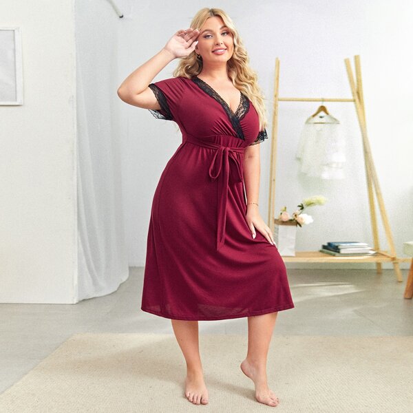 

Plus Tie Front Contrast Lace Nightdress, Burgundy