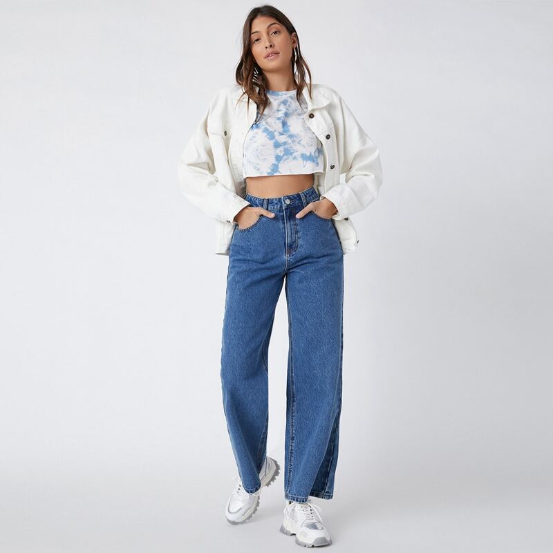 

High-Waist Denim Wide-Leg Jeans, Medium wash