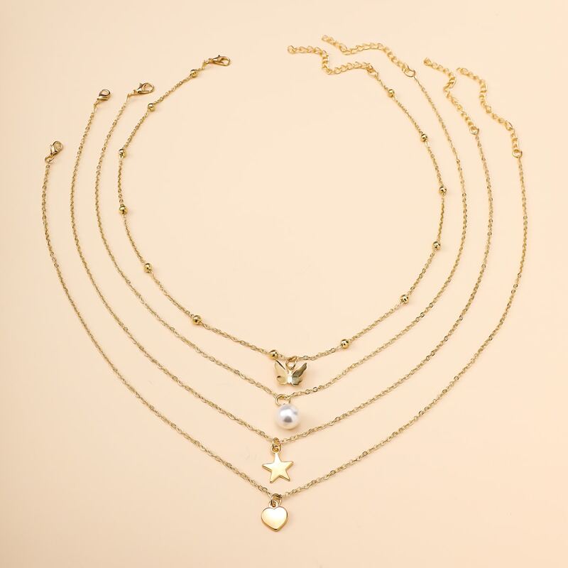 

4pcs Faux Pearl & Butterfly Charm Necklace, Gold