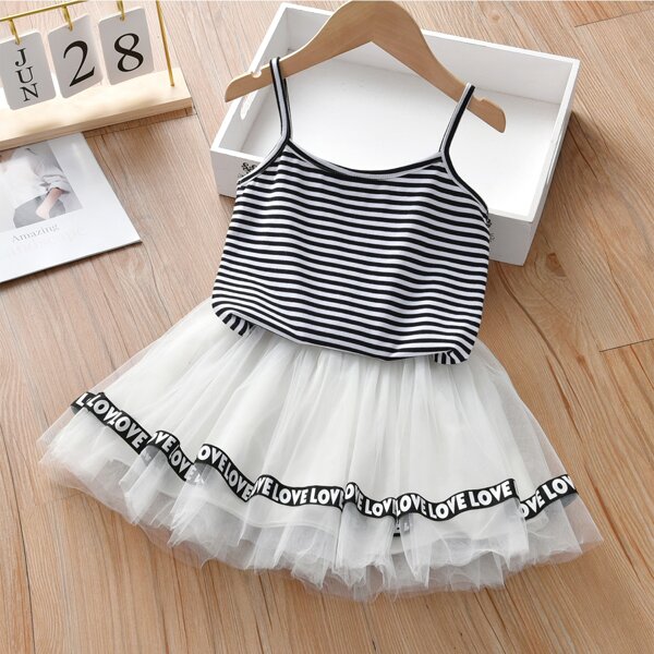 

Toddler Girls Striped Cami Top & Letter Tape Tutu Skirt, Black and white