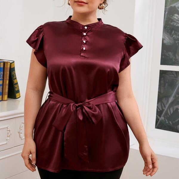

Plus Butterfly Sleeve Satin Belted Blouse, Maroon