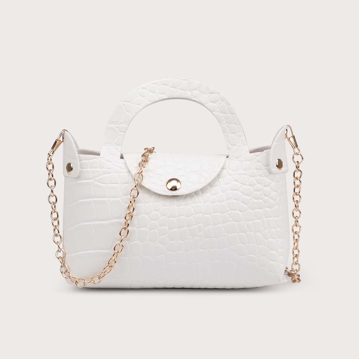 

Croc Embossed Chain Decor Satchel Bag, White