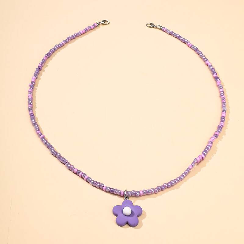 

Floral Charm Beaded Necklace, Purple
