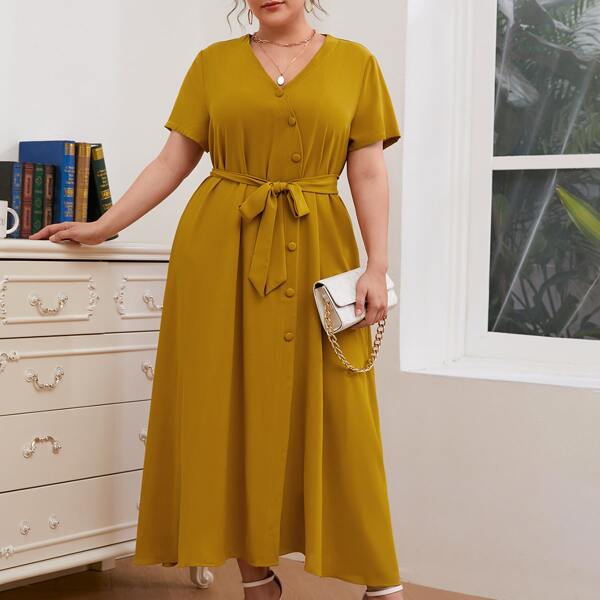 

Plus Solid V-neck Button Front Belted Dress, Mustard yellow