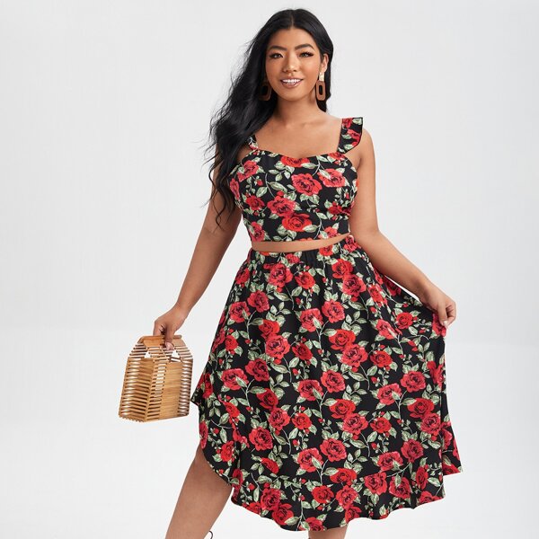 

Plus Floral Print Ruffle Trim Crop Top & Skirt, Multicolor