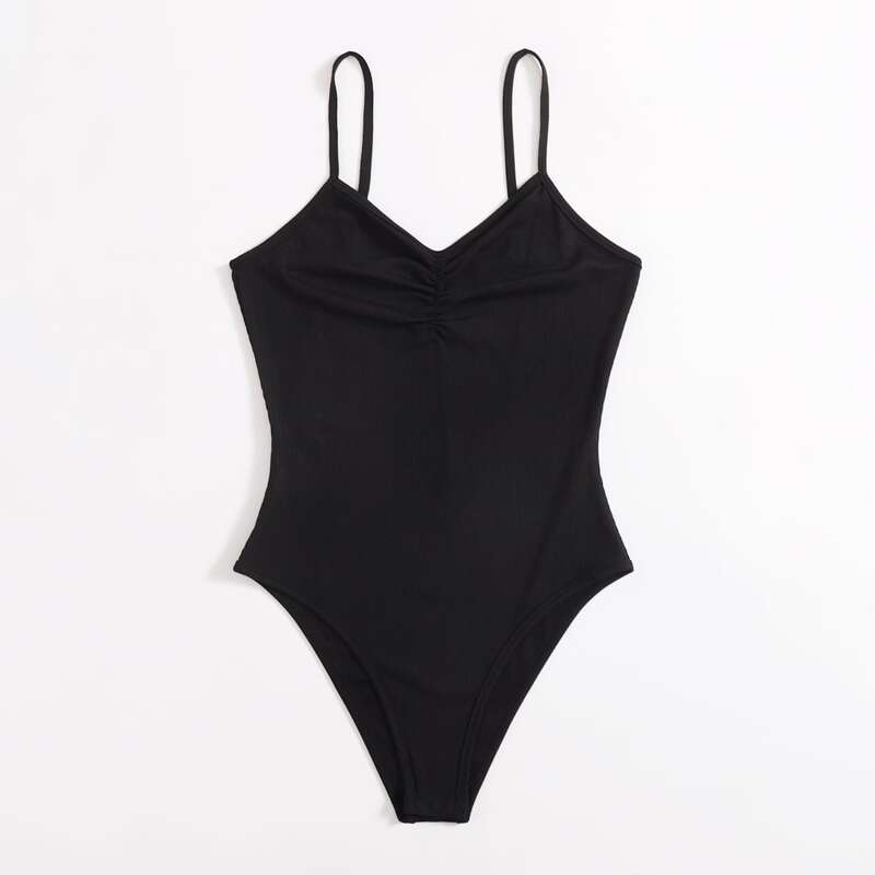 

Solid Ruched Cami Bodysuit, Black