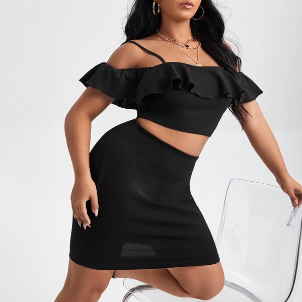 

Plus Solid Ruffle Trim Crop Top & Skirt, Black