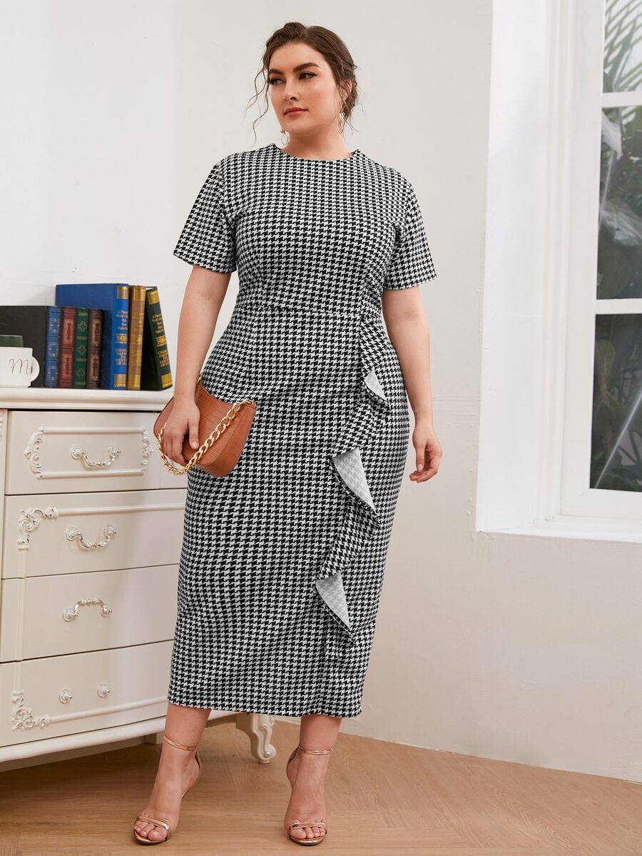 Plus Ruffle Trim Houndstooth Print Dress