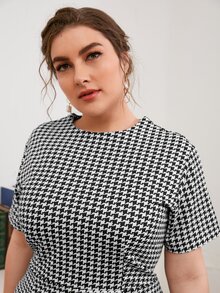 Plus Ruffle Trim Houndstooth Print Dress
