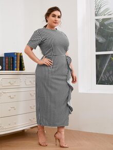 Plus Ruffle Trim Houndstooth Print Dress