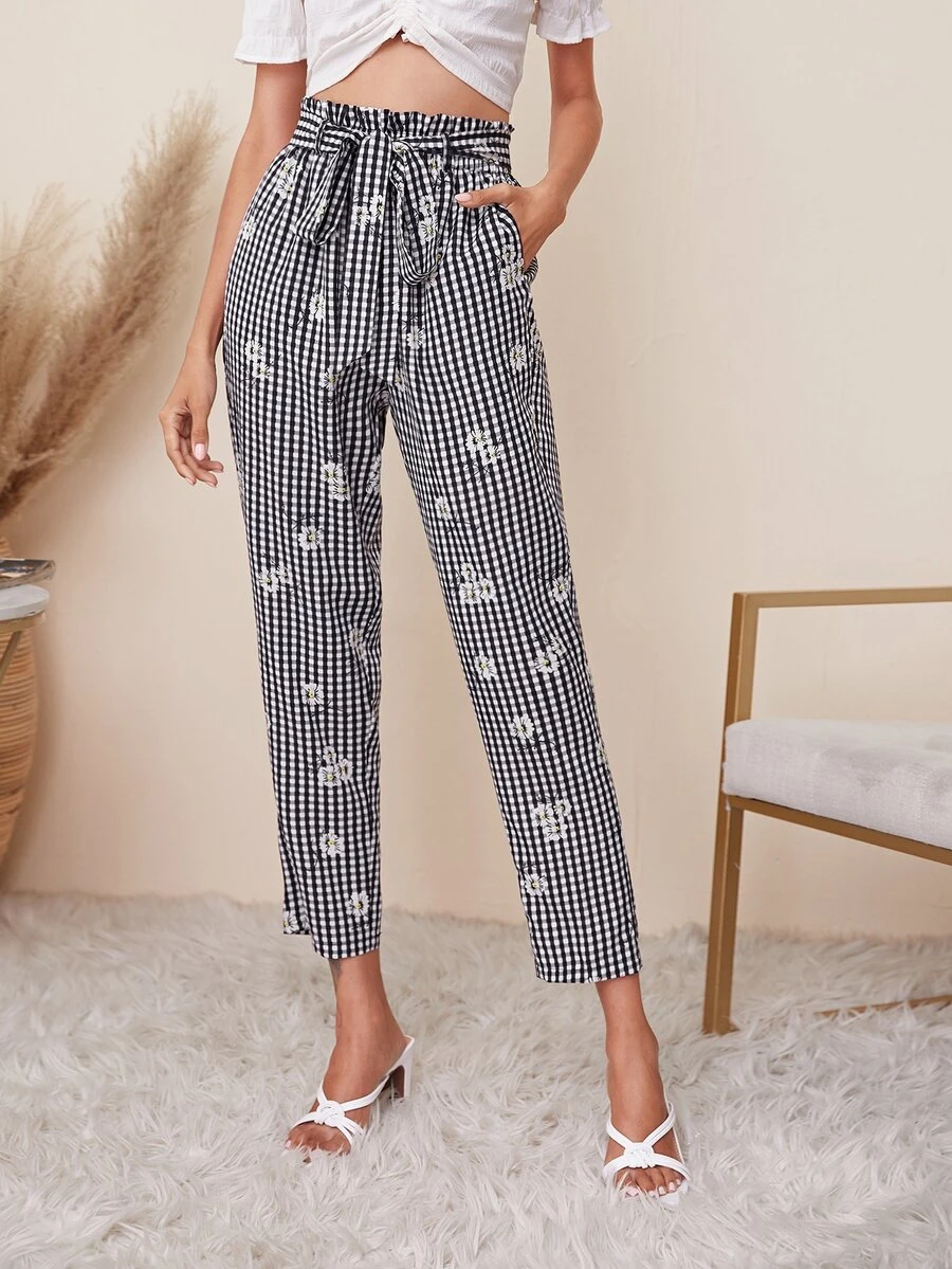 SHEIN Paperbag Waist Floral and Gingham Pants - Black and White - View 1