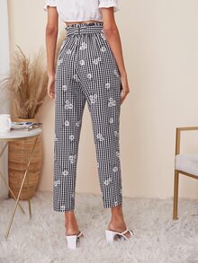 SHEIN Paperbag Waist Floral and Gingham Pants - Black and White - View 2