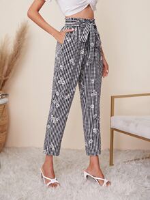 SHEIN Paperbag Waist Floral and Gingham Pants - Black and White - View 3