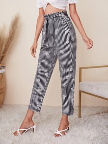 SHEIN Paperbag Waist Floral and Gingham Pants - Black and White - View 5