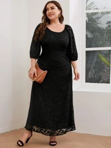 SHEIN 大碼燈籠袖植絨網紗覆蓋洋裝 - 黑色 - 查看 2