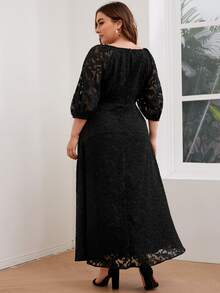 SHEIN 大碼燈籠袖植絨網紗覆蓋洋裝 - 黑色 - 查看 3