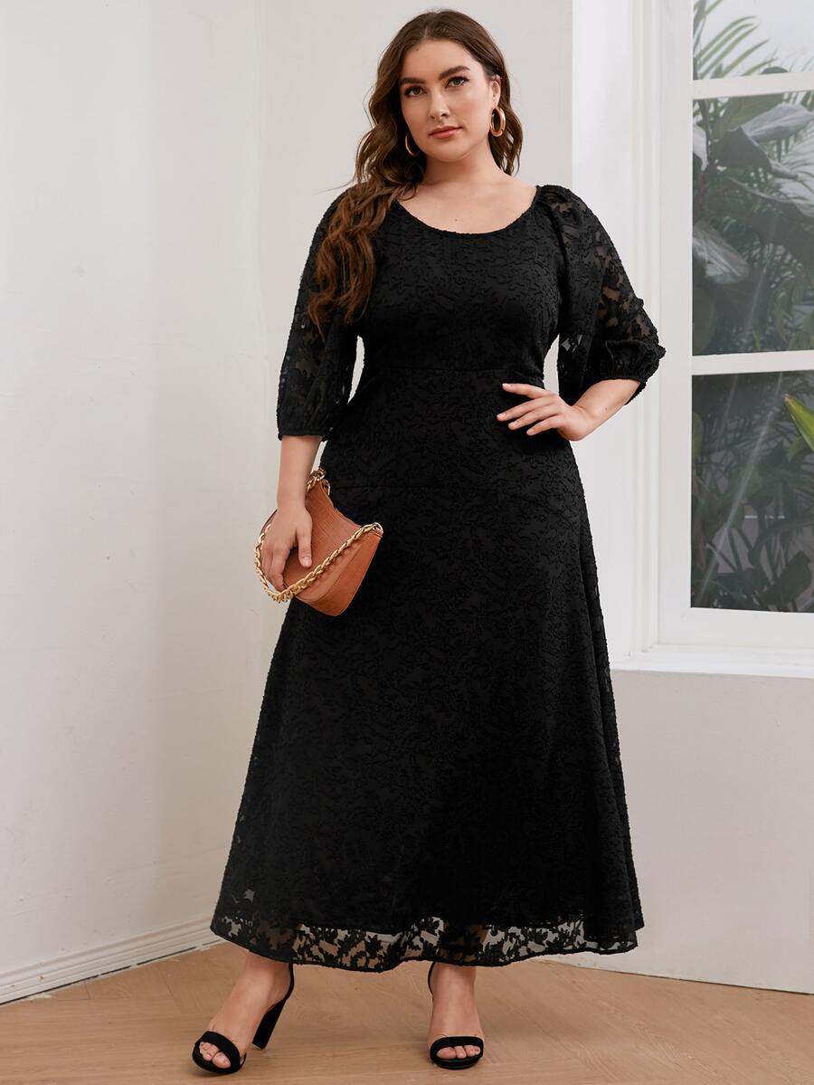 SHEIN 大碼燈籠袖植絨網紗覆蓋洋裝 - 黑色 - 查看 1