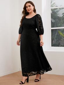 SHEIN 大碼燈籠袖植絨網紗覆蓋洋裝 - 黑色 - 查看 4