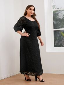 SHEIN 大碼燈籠袖植絨網紗覆蓋洋裝 - 黑色 - 查看 5