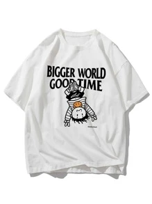 Manfinity 男士標語和卡通圖案T恤 - 白色 - 查看 1