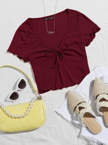 SHEIN MOD Top con nudo delantero ribete en forma de lechuga - Granate - Ver 1