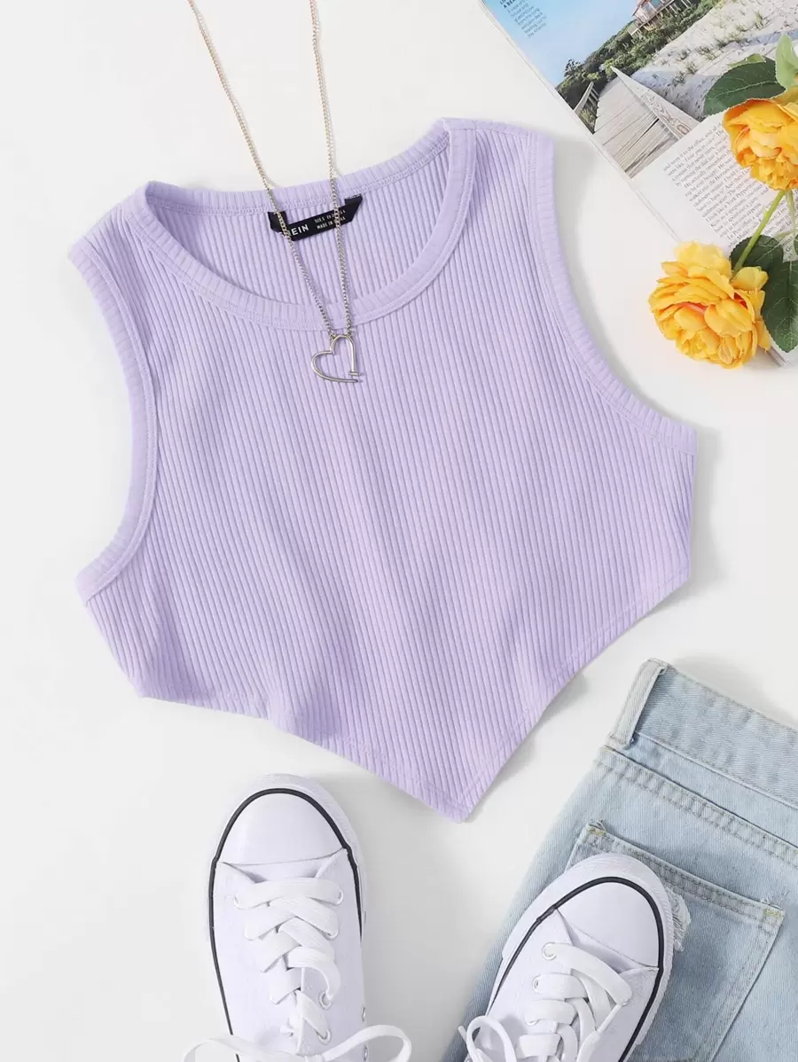 Muchica 不對稱下擺羅紋針織短版背心上衣 - 紫丁香色 - 查看 1