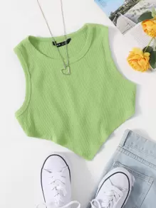 SHEIN EZwear Asymmetrical Hem Rib-knit Crop Tank Top - Lime Green - View 1