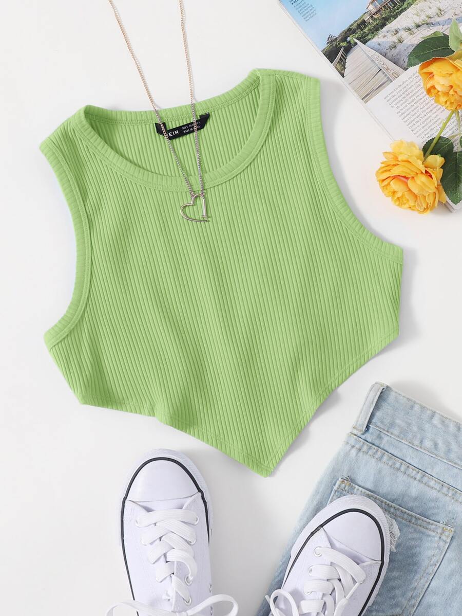 SHEIN EZwear Asymmetrical Hem Rib-knit Crop Tank Top - Lime Green - View 1