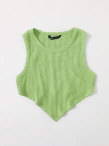 SHEIN EZwear Asymmetrical Hem Rib-knit Crop Tank Top - Lime Green - View 3