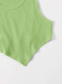 SHEIN EZwear Asymmetrical Hem Rib-knit Crop Tank Top - Lime Green - View 4