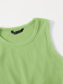 SHEIN EZwear Asymmetrical Hem Rib-knit Crop Tank Top - Lime Green - View 5