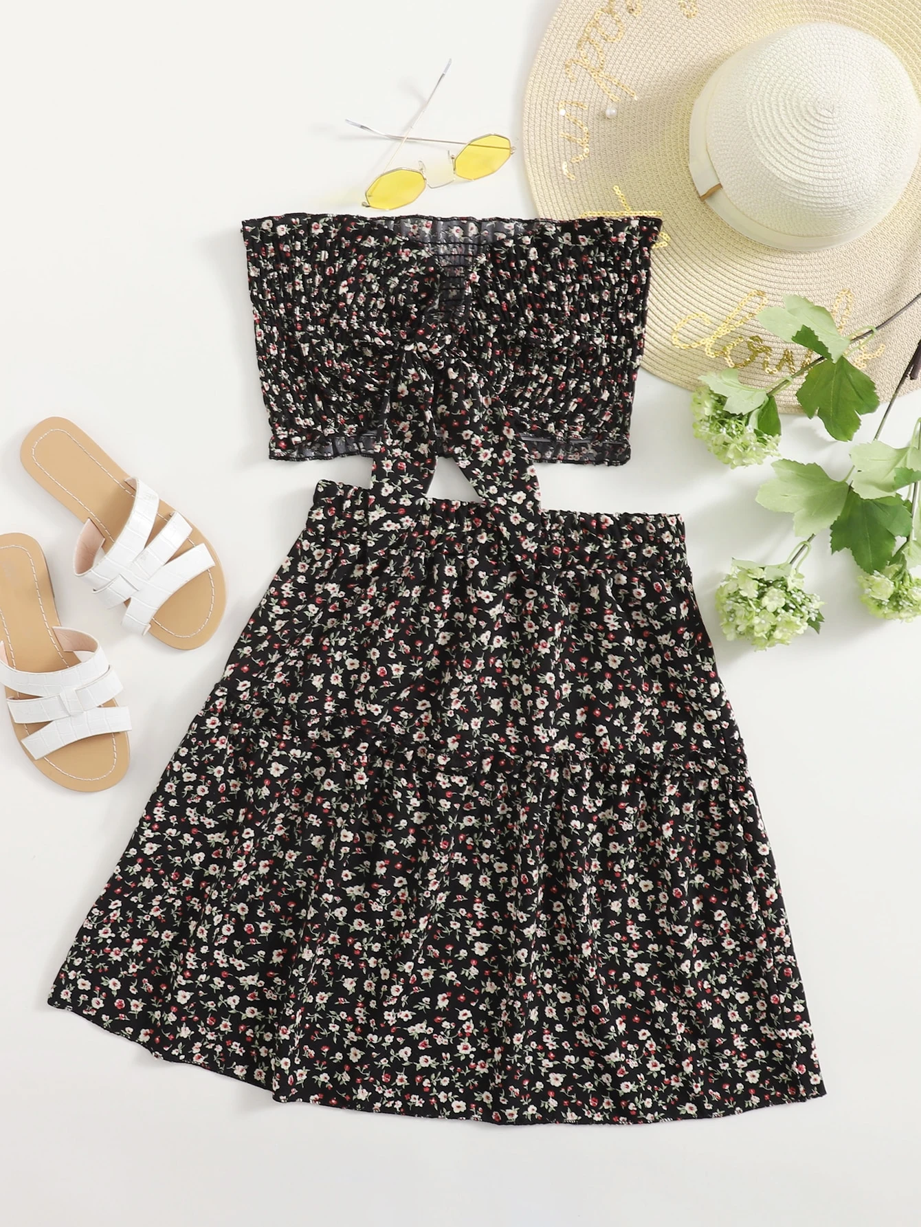 Ditsy floral tie front shirred bandeau top & skirt Clearance