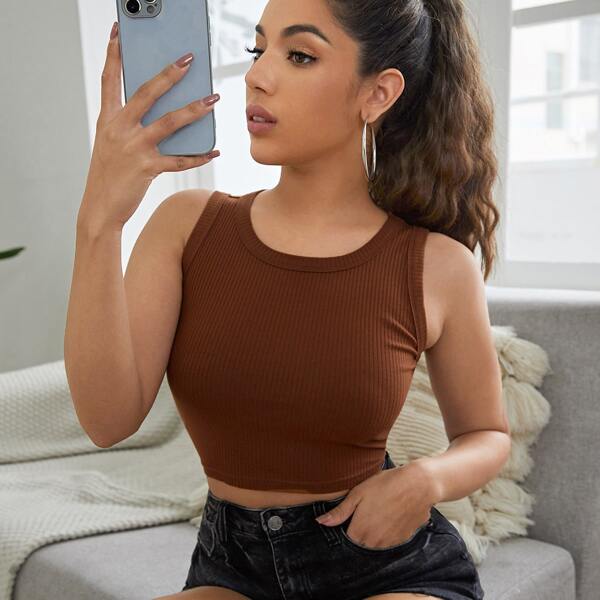 

Rib-knit Crop Tank Top, Coffee brown