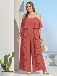 SHEIN Jumpsuit palazzo de hombros descubiertos con diseño fruncido - Rosa Oxidada - Ver 3
