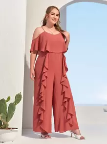 SHEIN Jumpsuit palazzo de hombros descubiertos con diseño fruncido - Rosa Oxidada - Ver 1